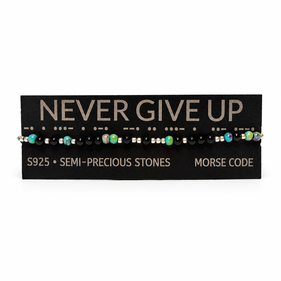 Brățară  NEVER GIVE UP  cu pietre semiprețioase și argint S925, cod Morse - bijuterii - brățări - brățări din pietre semiprețioase - Artynos.ro