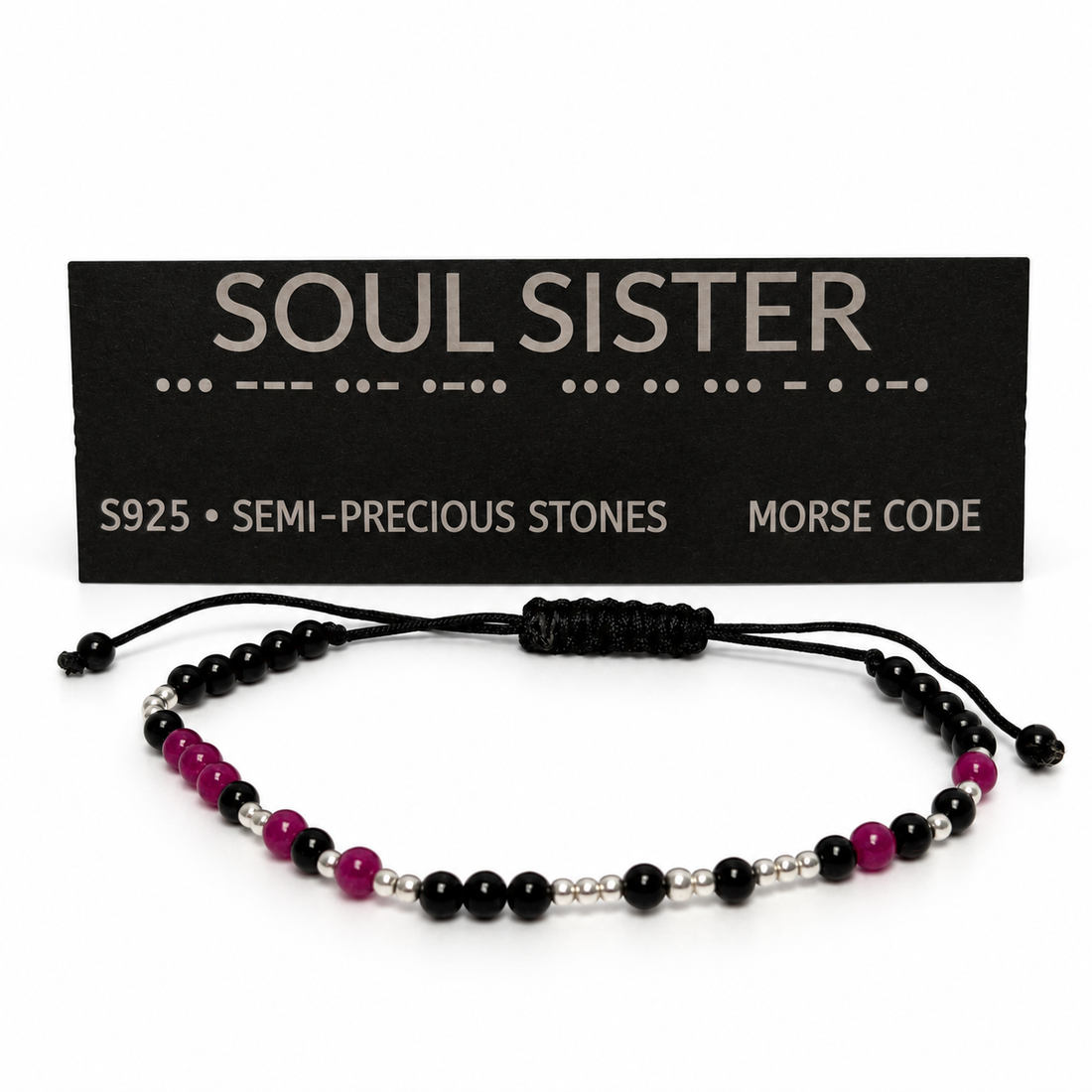 Brățară SOUL SISTER cu mărgele negre, roz și argint S925, cod Morse - bijuterii - brățări - brățări din pietre semiprețioase - Artynos.ro