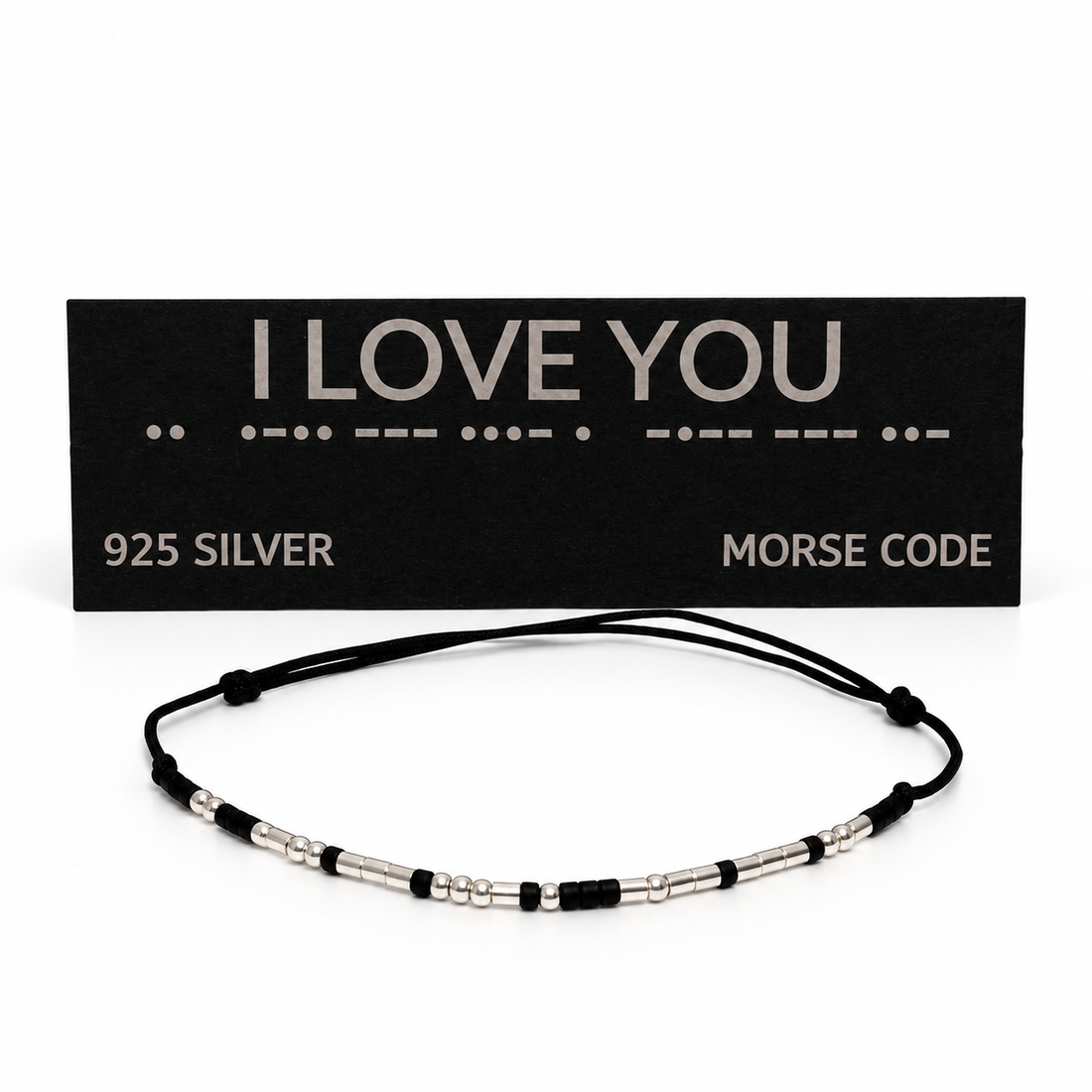 Brățară I LOVE YOU din argint 925, cu cod Morse � șnur negru - bijuterii - brățări - brățări din argint - Artynos.ro