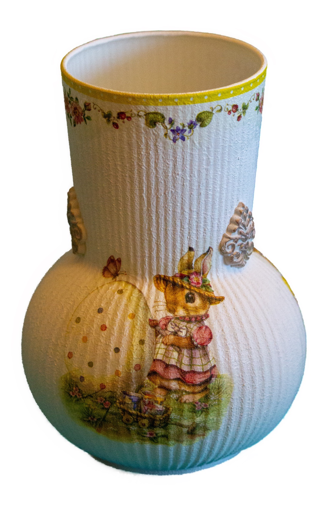 Vaza din sticla decorata cu iepurasi de Paste, 11x11x16,5 cm. - decor de sărbători - decorațiuni de paște - alte creații de paște - Artynos.ro