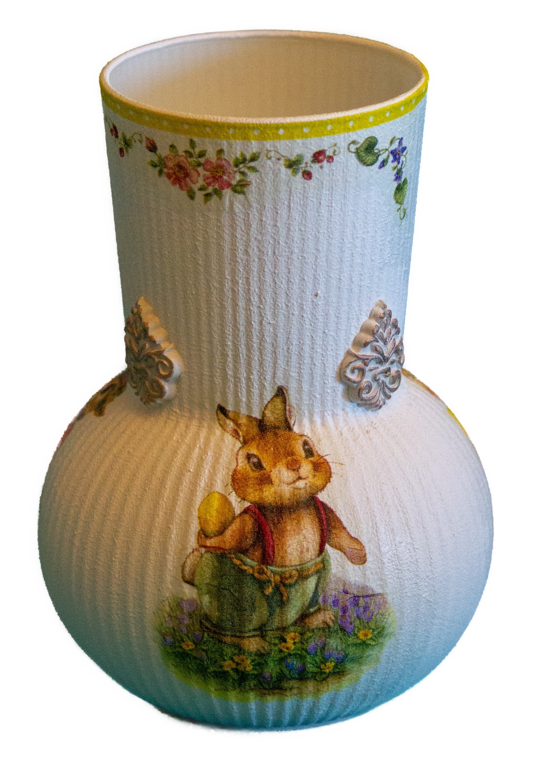 Vaza din sticla decorata cu iepurasi de Paste, 11x11x16,5 cm. - decor de sărbători - decorațiuni de paște - alte creații de paște - Artynos.ro