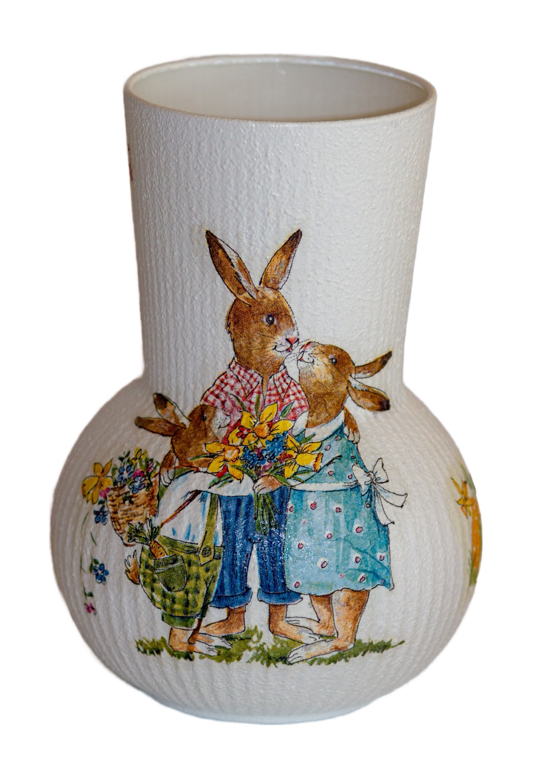 Vaza din sticla decorata cu iepurasi de Paste, 11x11x16,5 cm. - decor de sărbători - decorațiuni de paște - alte creații de paște - Artynos.ro