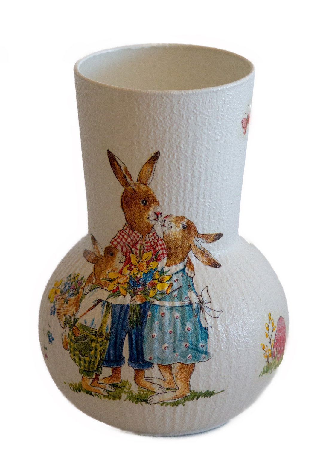 Vaza din sticla decorata cu iepurasi de Paste, 11x11x16,5 cm. - decor de sărbători - decorațiuni de paște - alte creații de paște - Artynos.ro