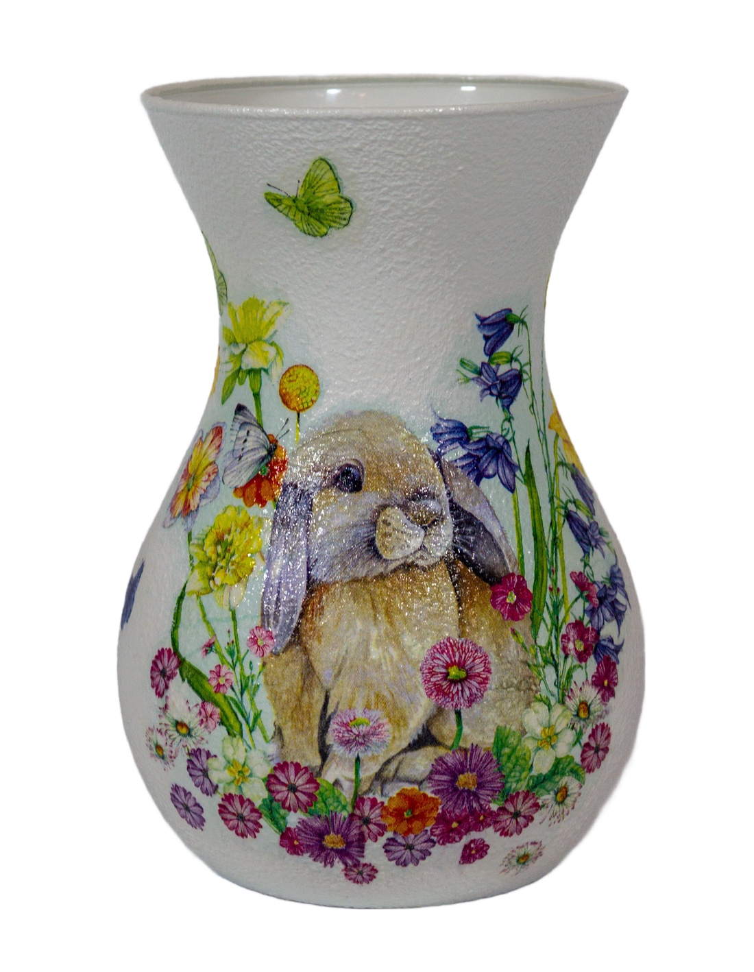 Vaza din sticla decorata cu iepurasi de Paste, 11x11x18 cm. - decor de sărbători - decorațiuni de paște - alte creații de paște - Artynos.ro