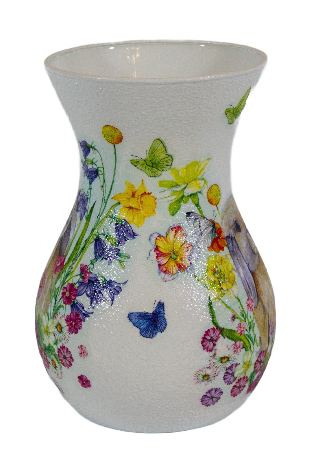 Vaza din sticla decorata cu iepurasi de Paste, 11x11x18 cm. - decor de sărbători - decorațiuni de paște - alte creații de paște - Artynos.ro