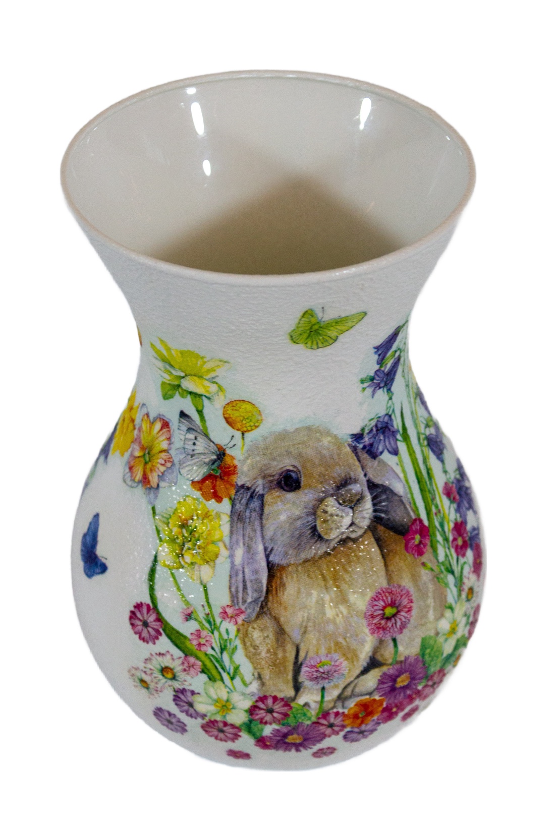 Vaza din sticla decorata cu iepurasi de Paste, 11x11x18 cm. - decor de sărbători - decorațiuni de paște - alte creații de paște - Artynos.ro