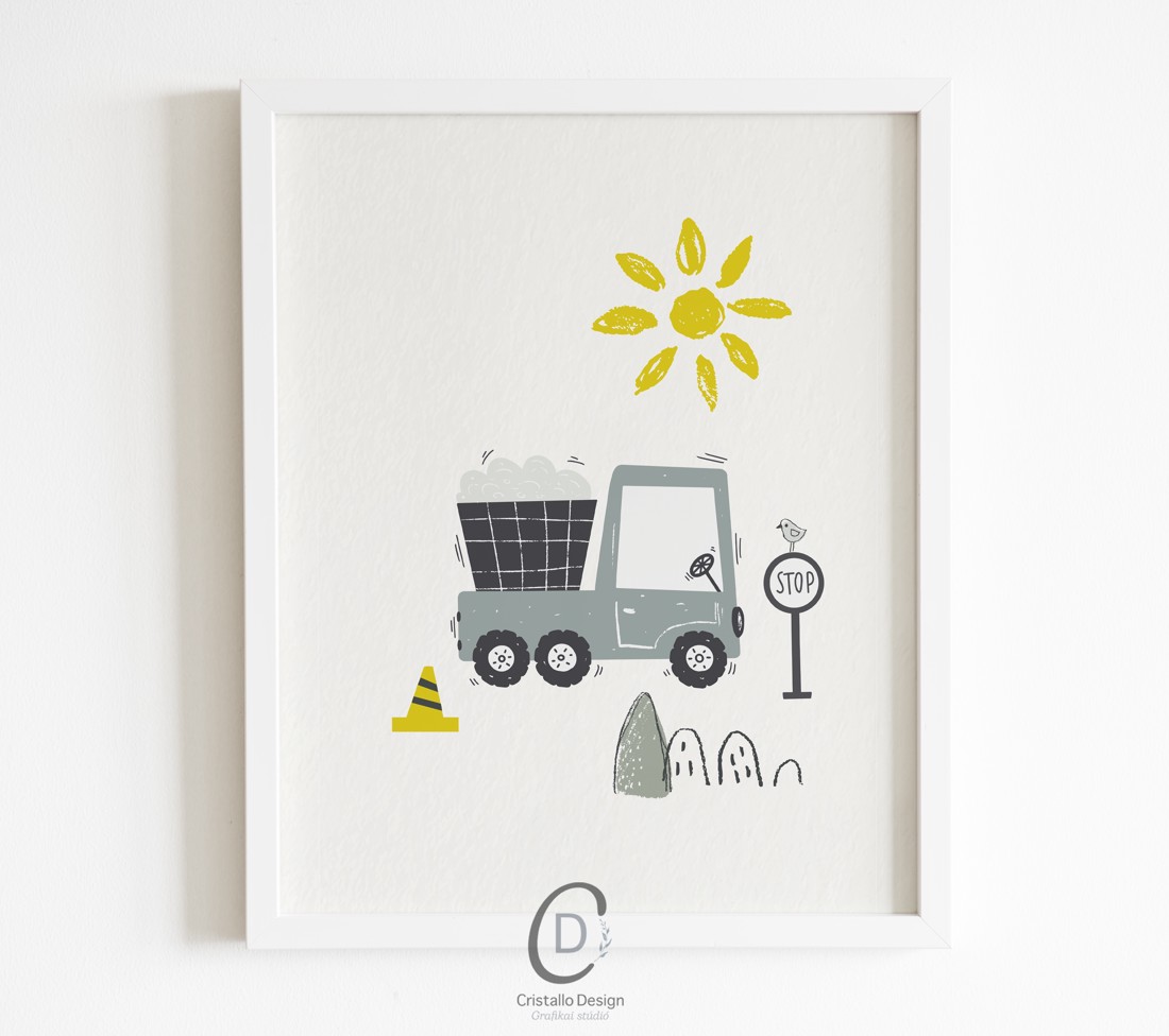 Decorațiuni de perete pentru camera copilului, poster pentru mașini de construcții, macara, mixer de beton, apucător, set de imagini 3 buc -  - Artynos.ro