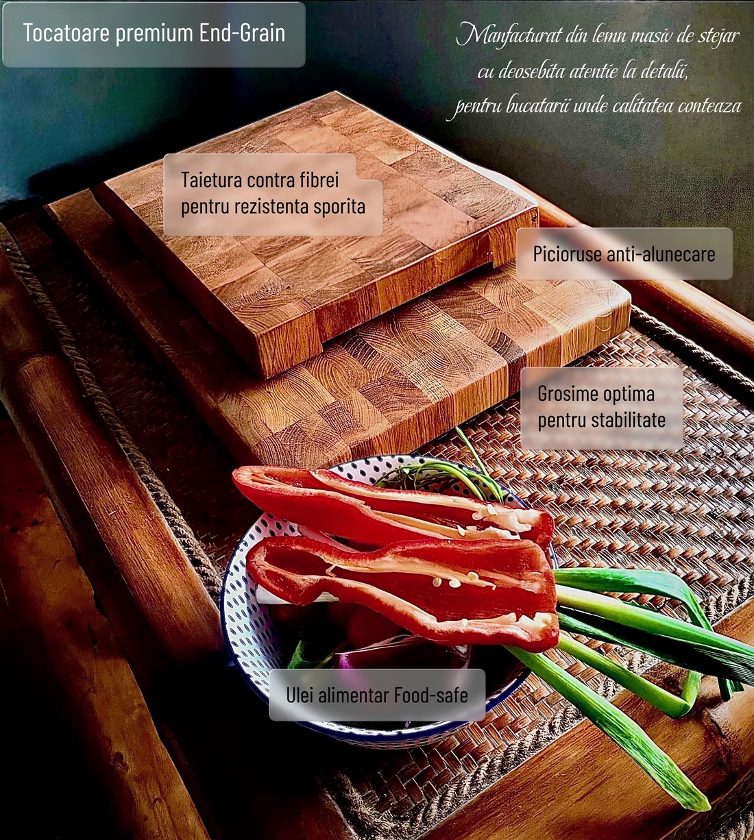 Tocator premium de bucatarie End-Grain din lemn masiv de stejar, anti-alunecare, anti-bacterian, 39 X 29 X 3.5 cm - casă & stil de viață - echipamente de bucătărie - accesorii de gătit - tocătoare - Artynos.ro