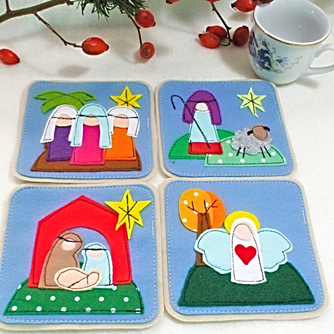 Set de suporturi pentru pahare cu tema Nasterii Domnului, set din fetru cadou de Craciun. - accesorii de crăciun - decorațiuni de crăciun de casă - Artynos.ro