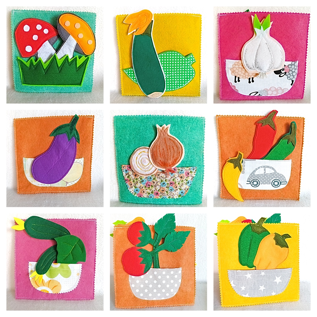 Carte educativa Montessori cu legume din fetru. - jucării și echipamente pentru copii - cărți pentru copii, cărți textile - Artynos.ro