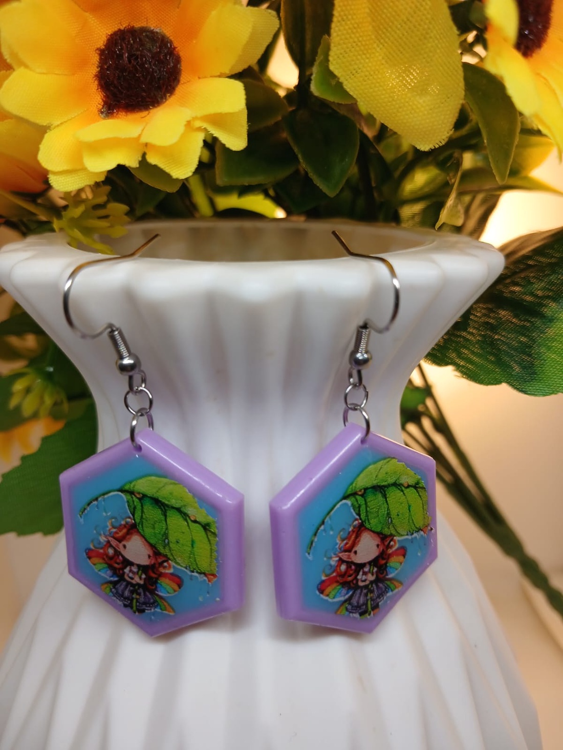 Cercei handmade hexagon cu model - bijuterii - cercei - cercei din rășină - Artynos.ro