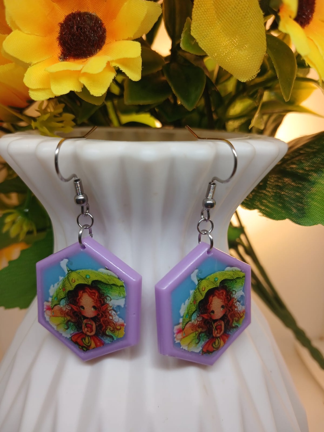 Cercei handmade hexagon cu model - bijuterii - cercei - cercei din rășină - Artynos.ro