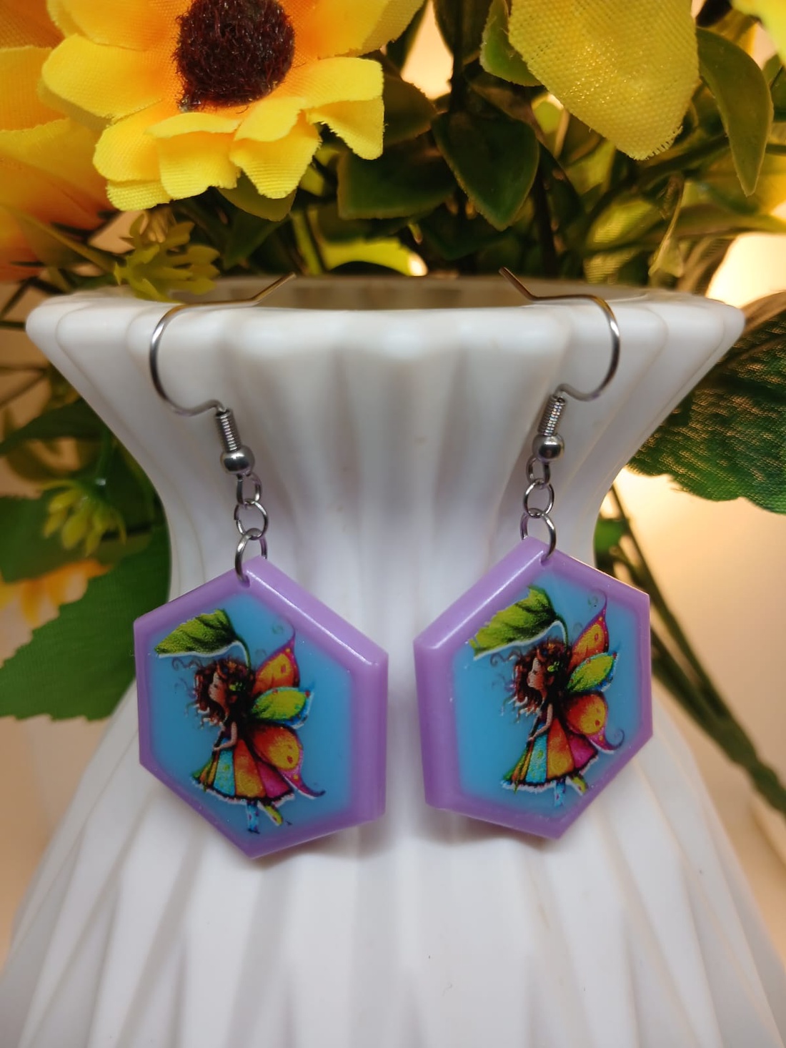 Cercei handmade hexagon cu model - bijuterii - cercei - cercei din rășină - Artynos.ro