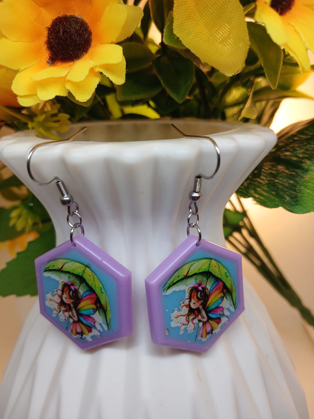 Cercei handmade hexagon cu model - bijuterii - cercei - cercei din rășină - Artynos.ro