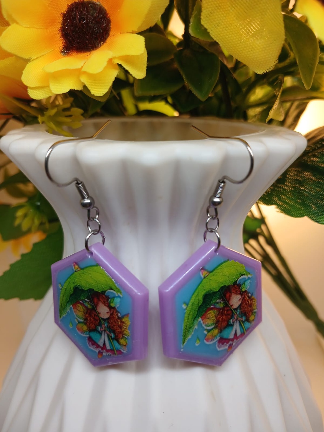 Cercei handmade hexagon cu model - bijuterii - cercei - cercei din rășină - Artynos.ro