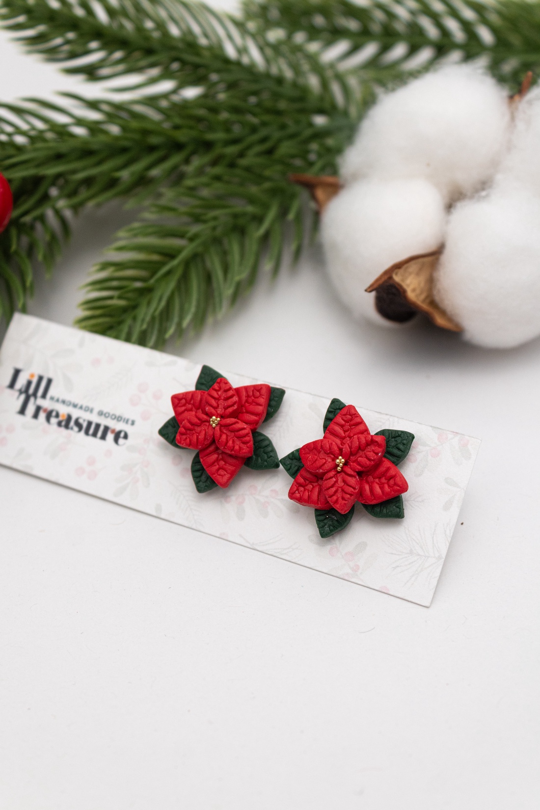 Cercei Craciunita cu detalii aurii - Poinsettia - bijuterii - cercei - cercei cu figurine - Artynos.ro