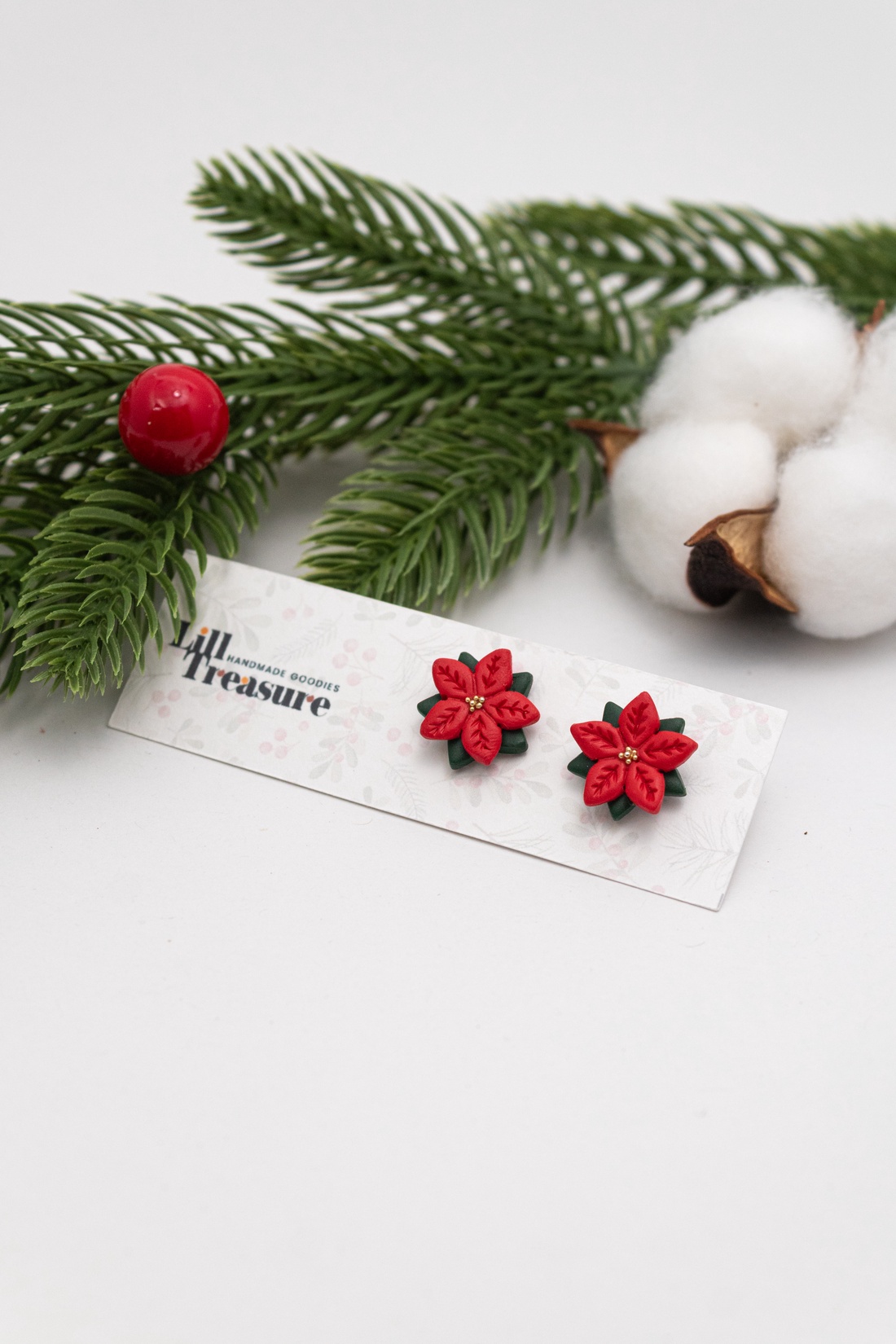 Cercei Craciunita cu detalii aurii - Poinsettia - bijuterii - cercei - cercei cu figurine - Artynos.ro