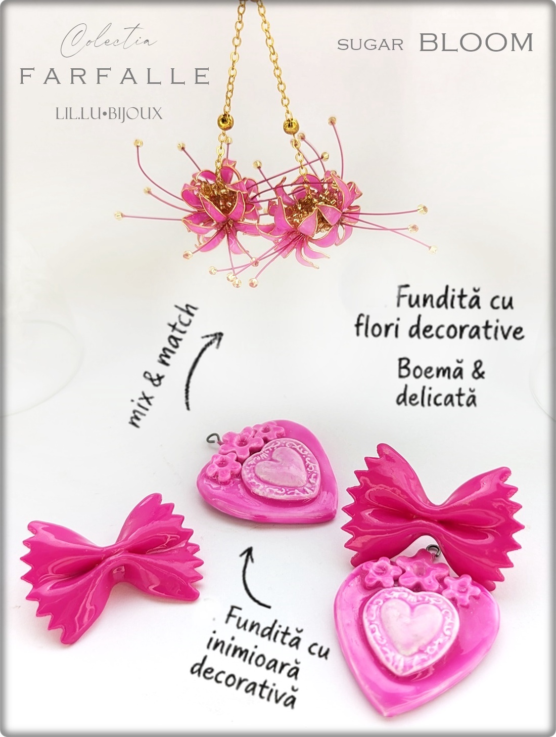Cercei Handmade Farfalle Sugar Bloom Cercei 3 in1 cu Fundiță, Inimă și Flori, Bijuterii Unicat LIL.LU.BIJOUX - bijuterii - cercei - cercei din rășină - Artynos.ro