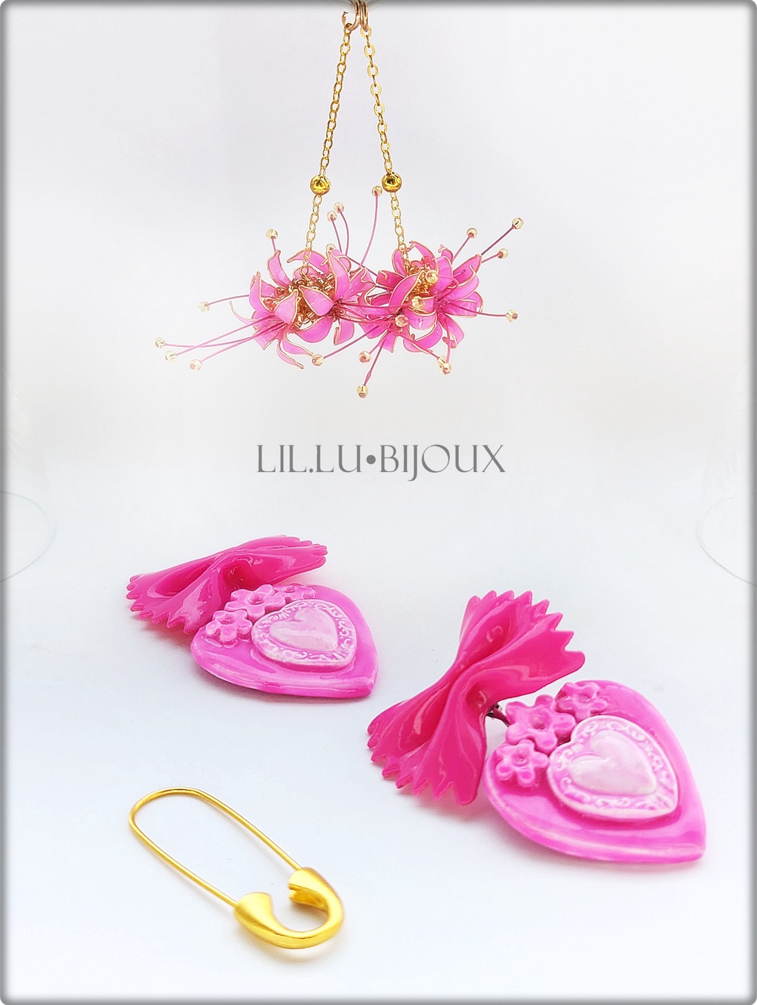 Cercei Handmade Farfalle Sugar Bloom Cercei 3 in1 cu Fundiță, Inimă și Flori, Bijuterii Unicat LIL.LU.BIJOUX - bijuterii - cercei - cercei din rășină - Artynos.ro