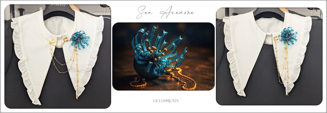 Broșă anemonă de mare artizanală cu arici de mare natural, petale din rășină și lanțuri modulare - bijuterii - broșe - Artynos.ro