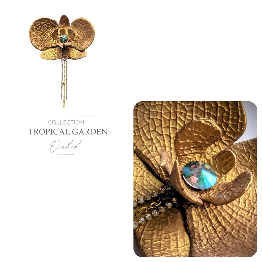 Cercel/brosa  statement orhidee aurie - bijuterii - broșe - Artynos.ro