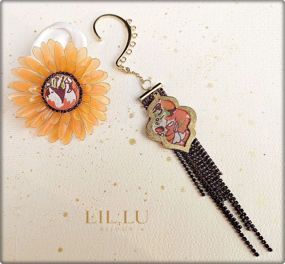 Cercei Gerbera 2 în 1 handmade, cercei statement cu sistem cuff și strasuri detașabile - bijuterii - cercei - cercei din rășină - Artynos.ro