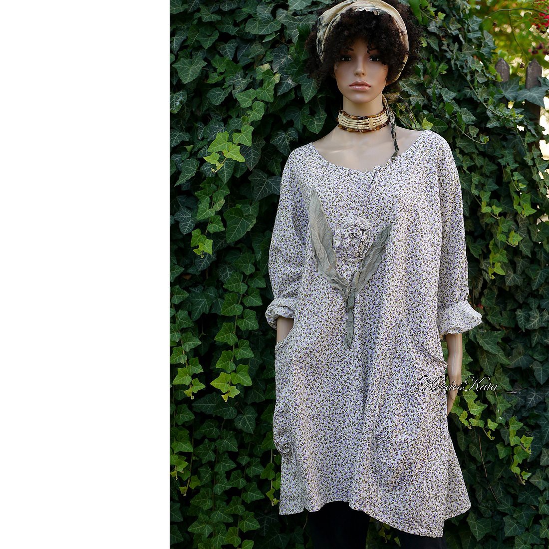 MAILA - rochie tunică din bumbac și in cu design artistic / violet-floral - îmbrăcăminte și modă - haine damă - tunică - Artynos.ro