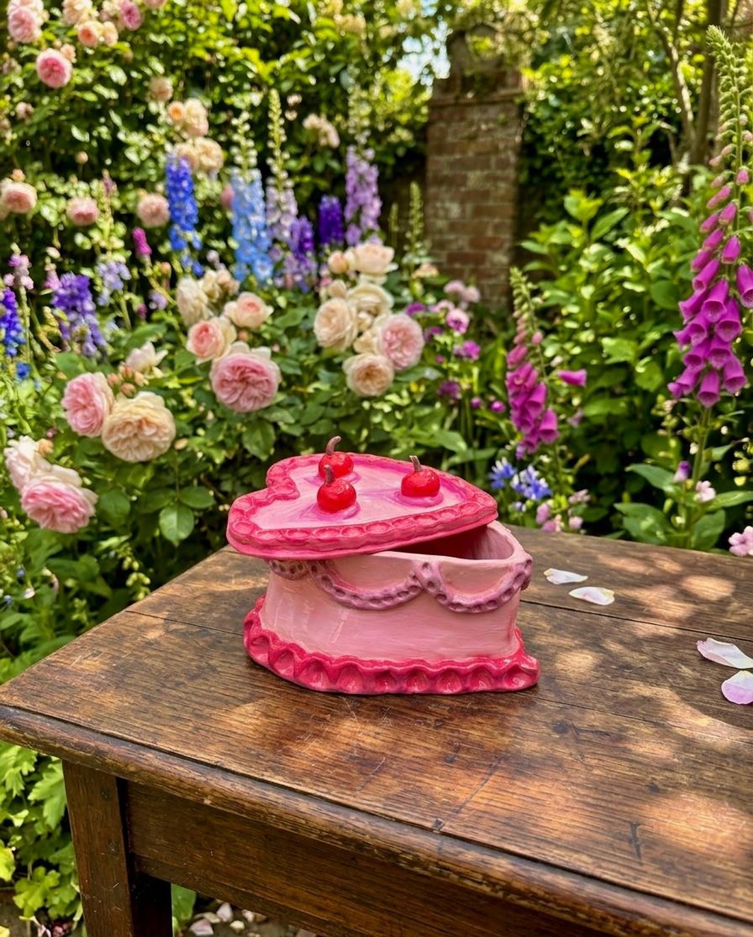 Cutie decorativă cu capac în formă de tort vintage roz cu cireșe (handmade) realizat din lut manual - casă & stil de viață - decorațiuni de casă - decorațiuni de masă și rafturi - cutii de decor - Artynos.ro