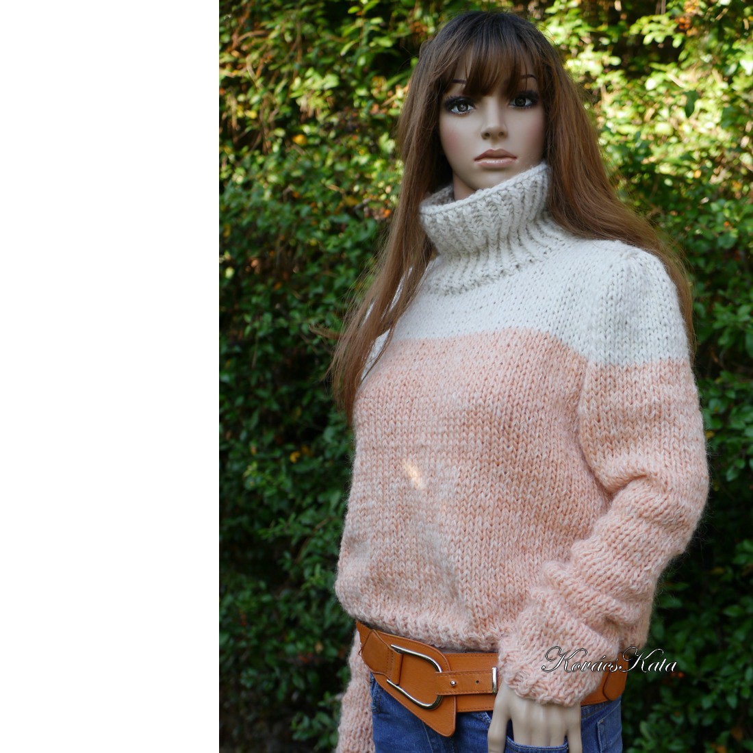 LORENA - pulover trendy tricotat manual / piersică-ivoriu - îmbrăcăminte și modă - haine damă - hanorace, cardigane - Artynos.ro