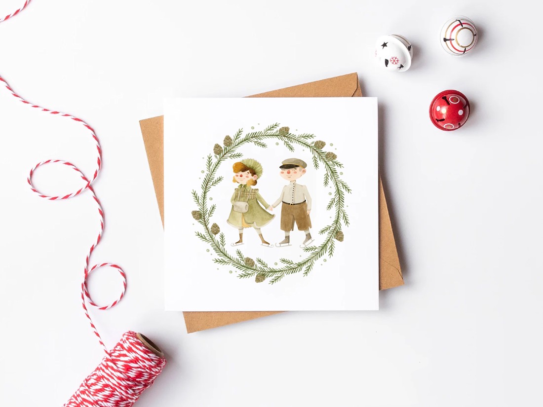 Carte poștală de Crăciun, felicitare pliabilă, etichete cadou, patinatori - - Artynos.ro Carte poștală de Crăciun, felicitare pliabilă, etichete cadou, patinatori - - Artynos.ro