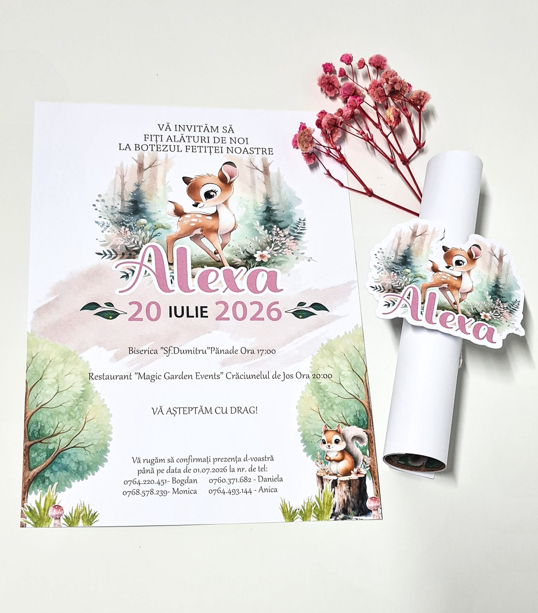 Invitatie botez papirus Bambi - accesorii nuntă - invitații și felicitări de nuntă - meniu nunți și cărți meniu - Artynos.ro