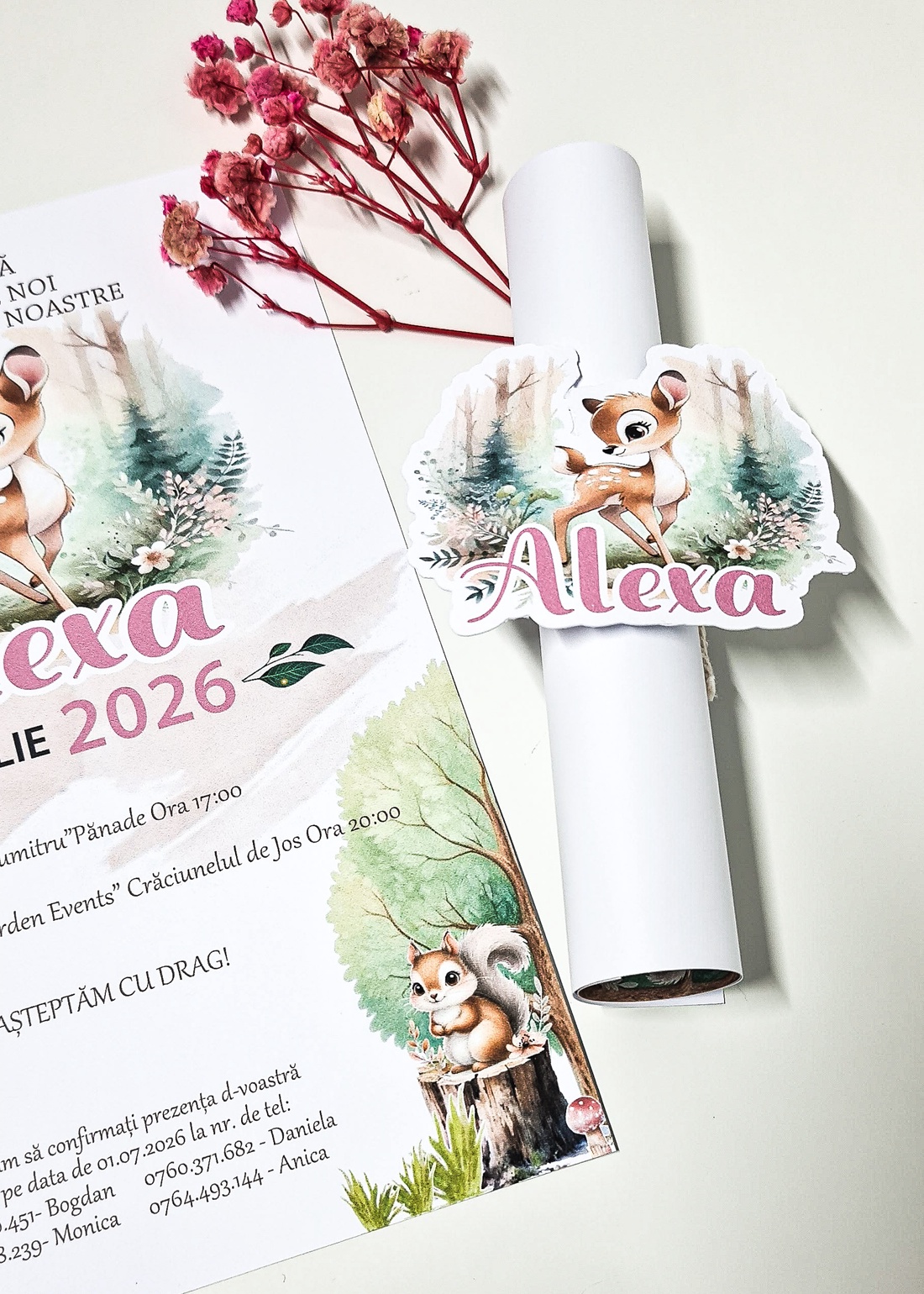 Invitatie botez papirus Bambi - accesorii nuntă - invitații și felicitări de nuntă - meniu nunți și cărți meniu - Artynos.ro