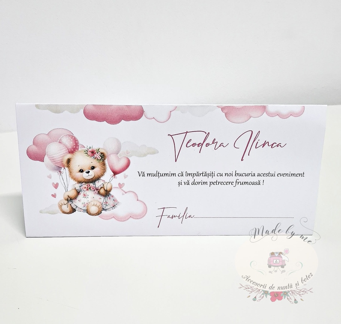 Plic de bani ursulet roz - accesorii nuntă - amintiri și cadouri de nuntă - cadou nuntă - plic de bani, card - Artynos.ro