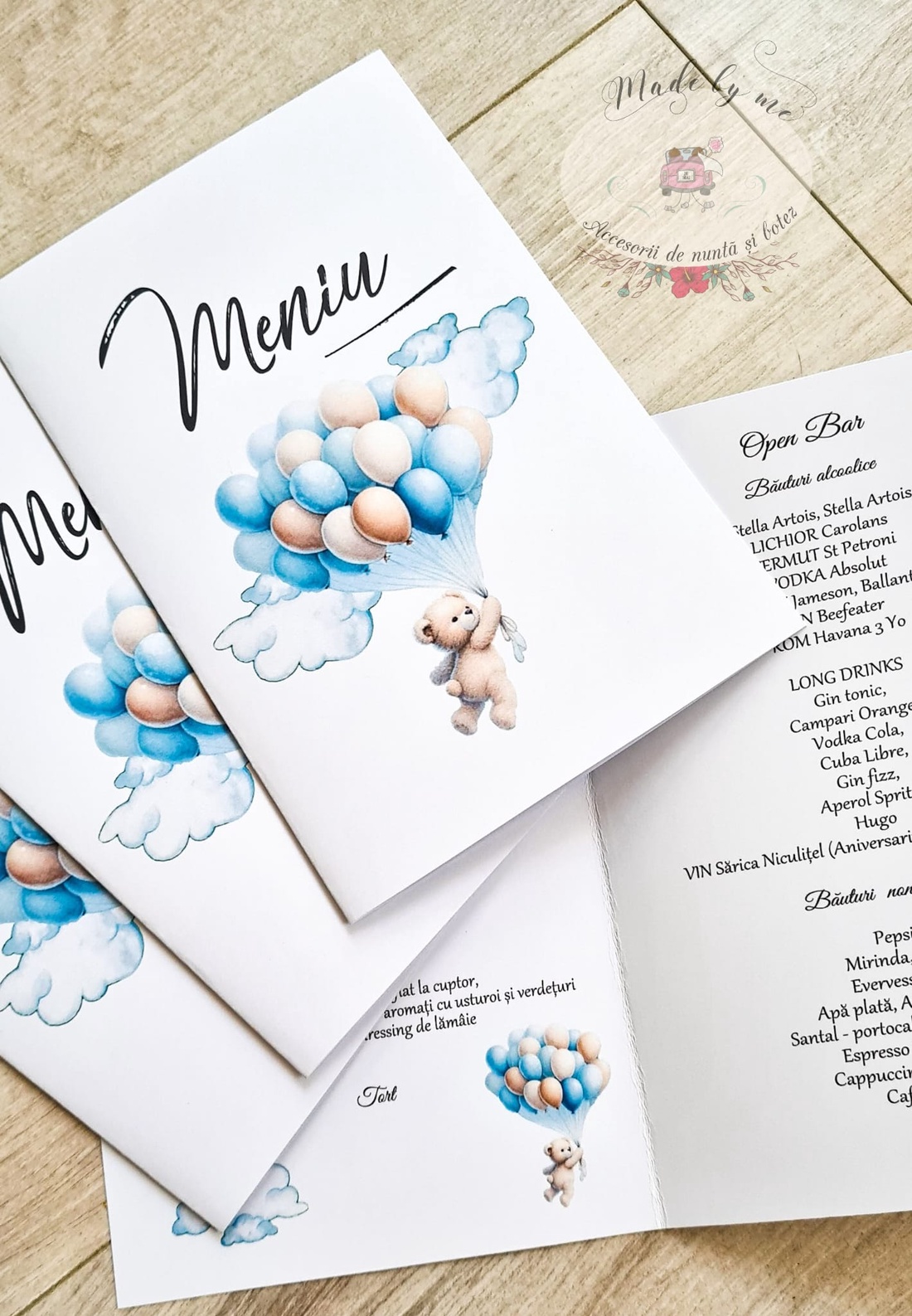 Meniu botez ursulet cu baloane bleo - accesorii nuntă - invitații și felicitări de nuntă - meniu nunți și cărți meniu - Artynos.ro