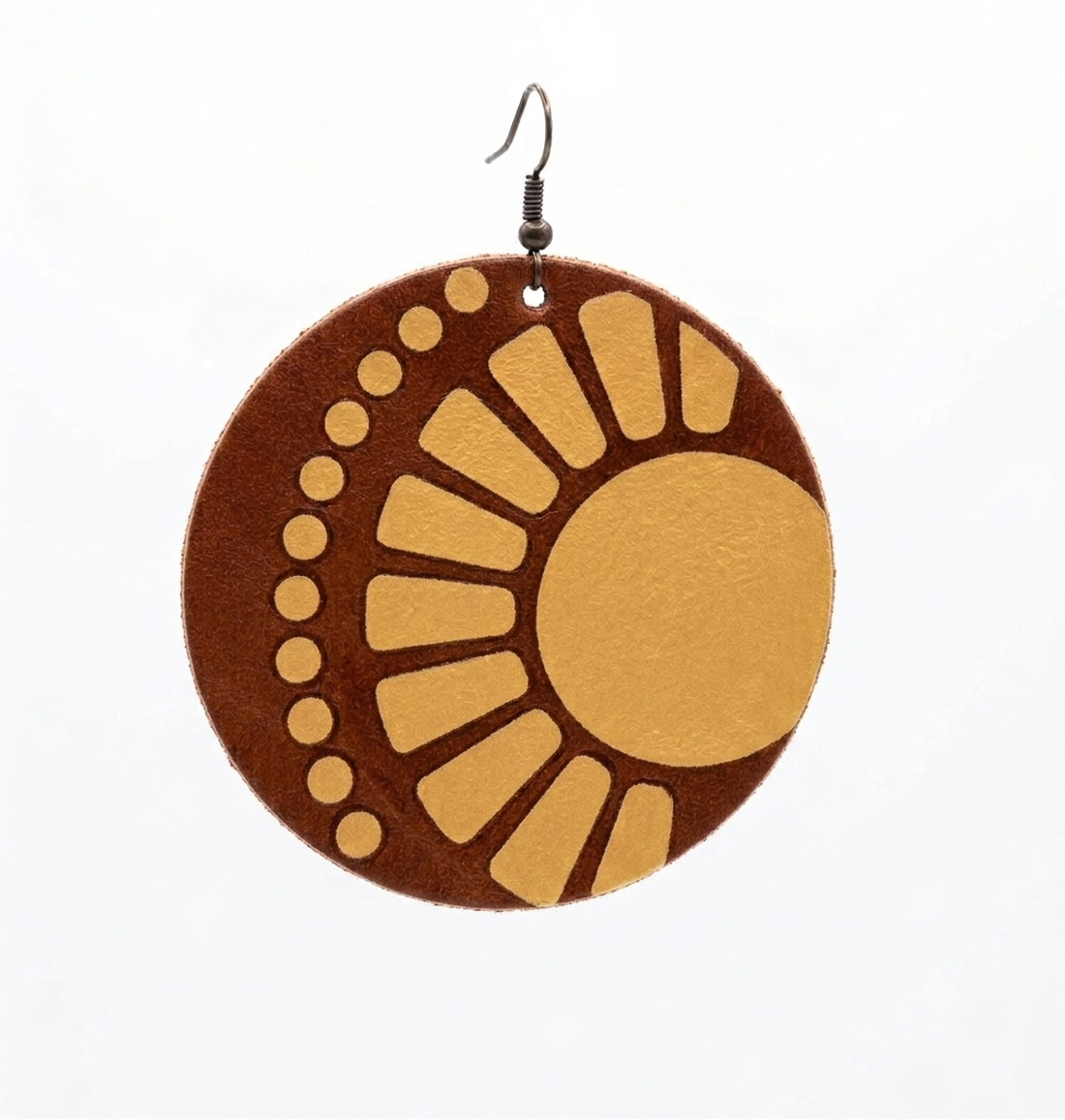 Cercei Handmade din Piele Naturală � Motive Solare Aurii, Piele Maro - bijuterii - cercei - cercei lungi - Artynos.ro