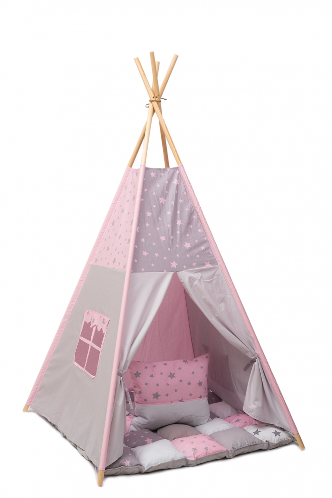 Cort TeePee Steluțe roz-gri - jucării și echipamente pentru copii - corturi, căsuțe de copii - Artynos.ro