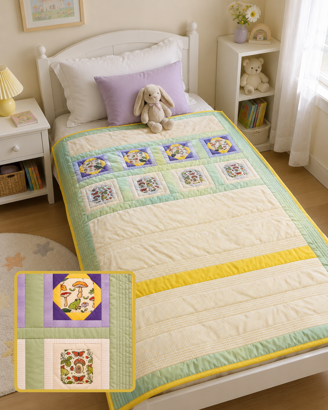 Cuvertura patchwork - Broscuta Somnorica și Fluturașul Hai-hui - casă & stil de viață - textile de casă - cuvertură de pat - Artynos.ro
