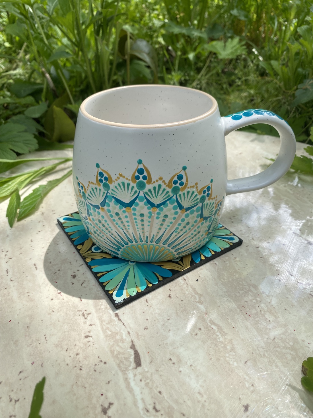 Set cana pictata manual + coaster - casă & stil de viață - echipamente de bucătărie - accesorii de depozitare  - cutie ceai și cafea - Artynos.ro