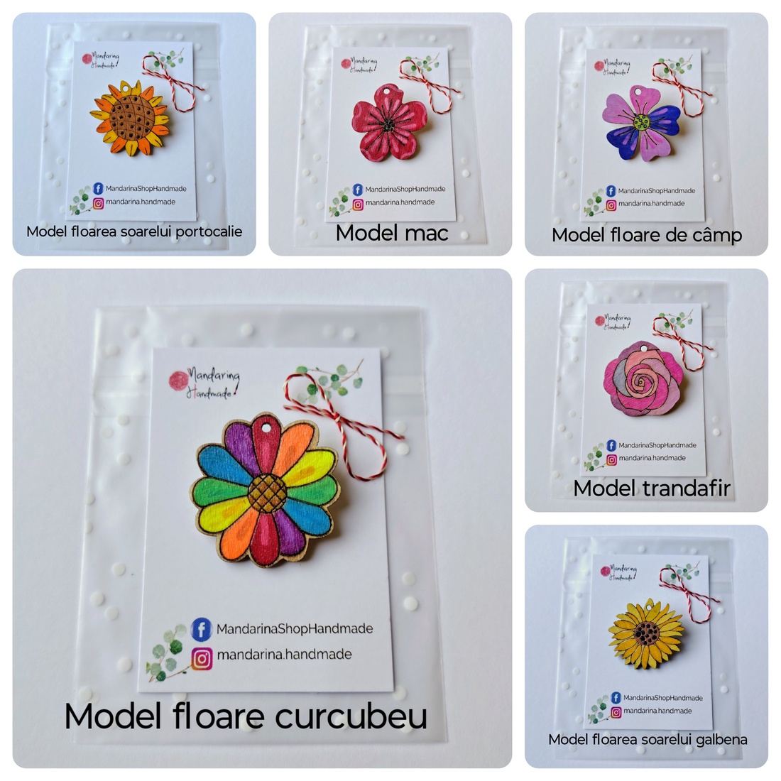 Mărțișoare din lemn pictate manual � Model flori 3.5 cm - bijuterii - mărțișor - Artynos.ro