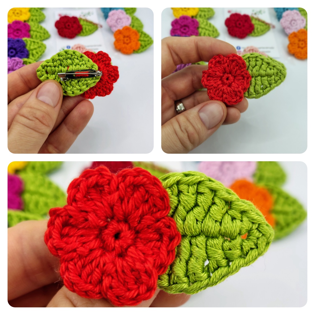 Floricică cu frunză, mărțișor croșetat  - bijuterii - mărțișor - Artynos.ro