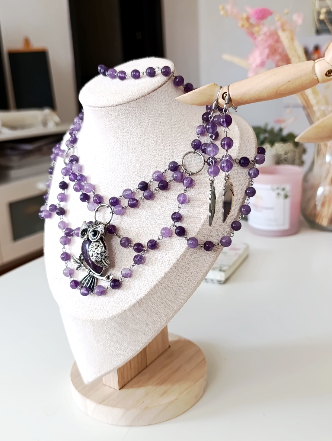 Royal � Set unicat de bijuterii cu ametist natural, colier stratificat, cercei și brățară, stil romantic vintage - bijuterii - seturi de bijuterii - Artynos.ro