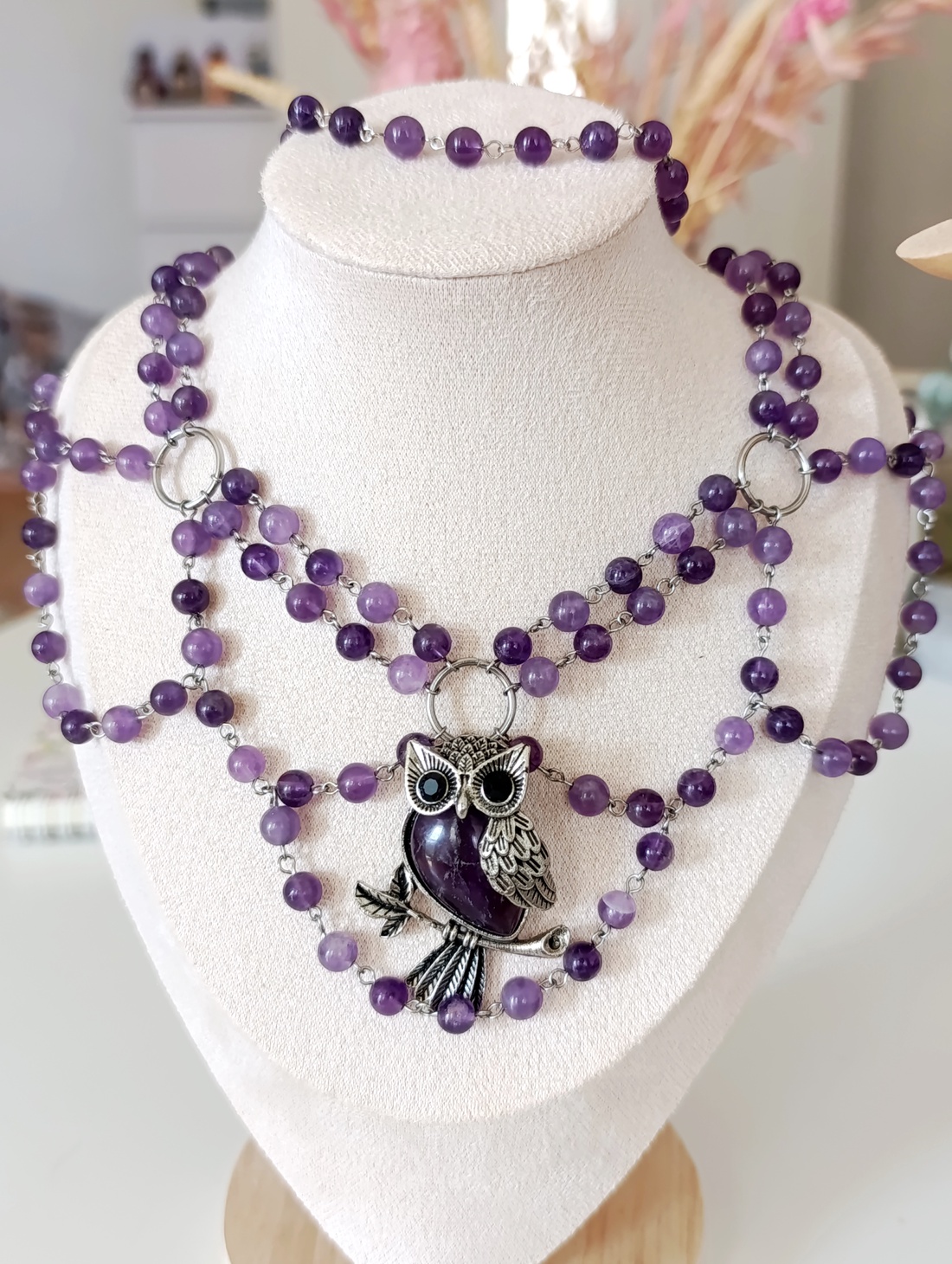 Royal � Set unicat de bijuterii cu ametist natural, colier stratificat, cercei și brățară, stil romantic vintage - bijuterii - seturi de bijuterii - Artynos.ro
