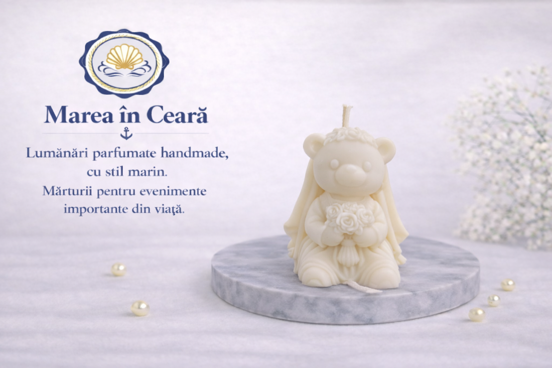 Lumânare decorativă Ursuleț Mireasă  handmade Marea în Ceară - accesorii nuntă - amintiri și cadouri de nuntă - cadou nuntă - set de ceremonie - Artynos.ro