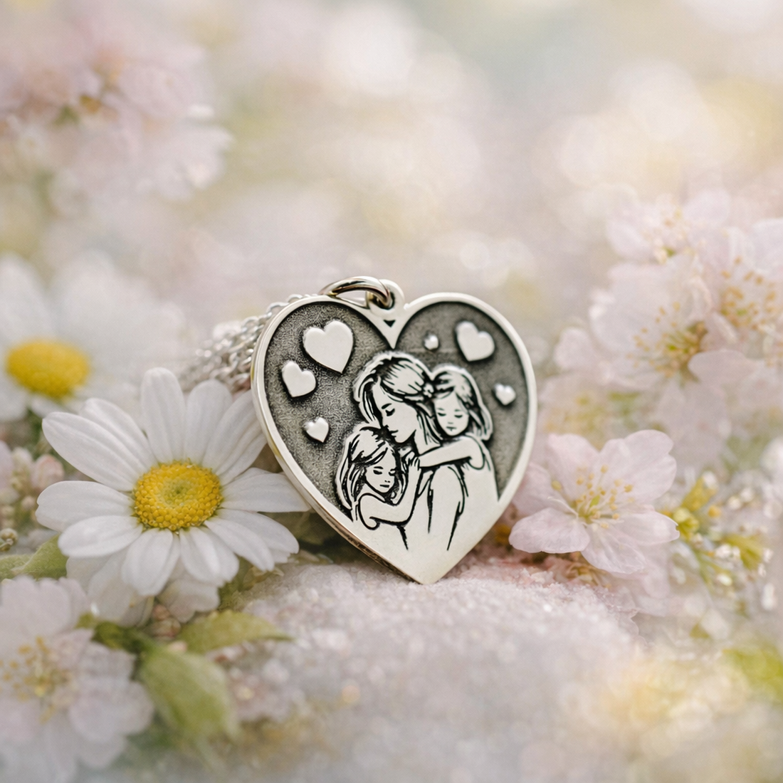 Lănțișor cu pandantiv inimioară simbol My All, Mamă și două fete � Argint 925 - bijuterii - coliere - coliere din argint - Artynos.ro