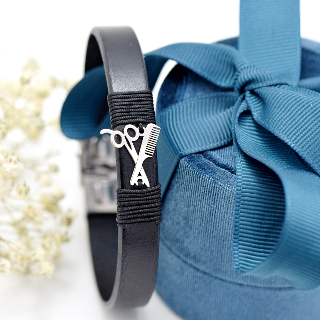 Bratara din piele naturala simbol Hairstylist � Argint 925 - bijuterii - brățări - brățări din argint - Artynos.ro