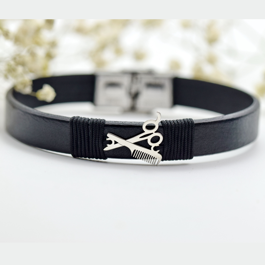 Bratara din piele naturala simbol Hairstylist � Argint 925 - bijuterii - brățări - brățări din argint - Artynos.ro