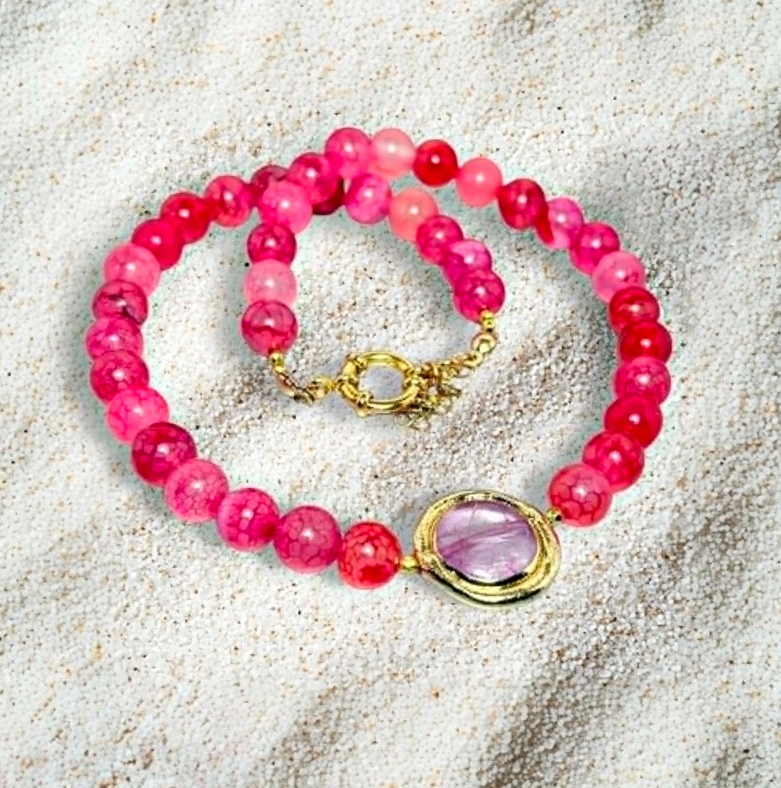 Colier din agate fucsia si cuart roz - bijuterii - coliere - coliere din pietre semiprețioase - Artynos.ro