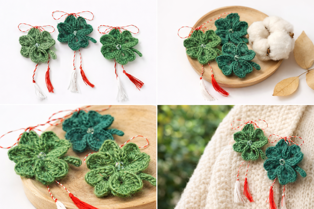 Mărțișor broșă Trifoi cu 4 foi croșetat manual din fir cu lână - bijuterii - mărțișor - Artynos.ro