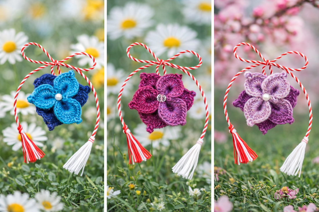 Mărțișor broșă floare croșetat manual Crocus - bijuterii - mărțișor - Artynos.ro