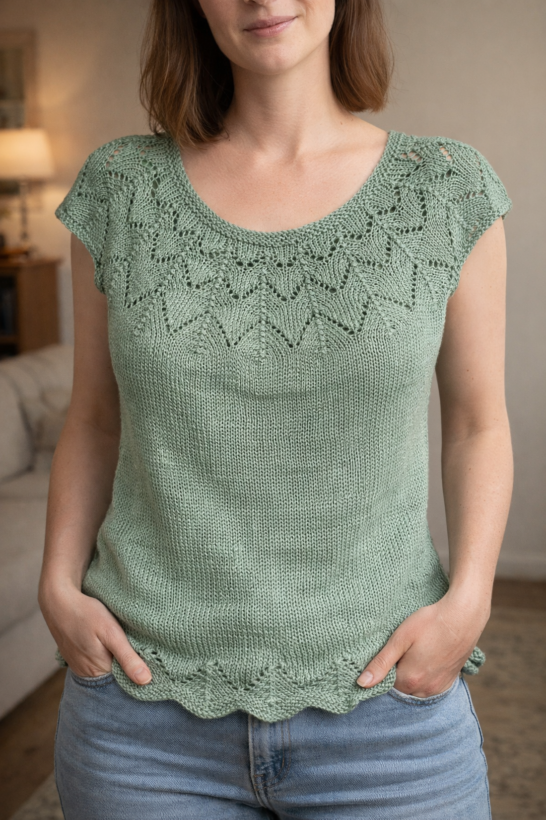 Top fără mâneci tricotat manual din bumbac Green Summer - îmbrăcăminte și modă - haine damă - tricou și top de damă - Artynos.ro